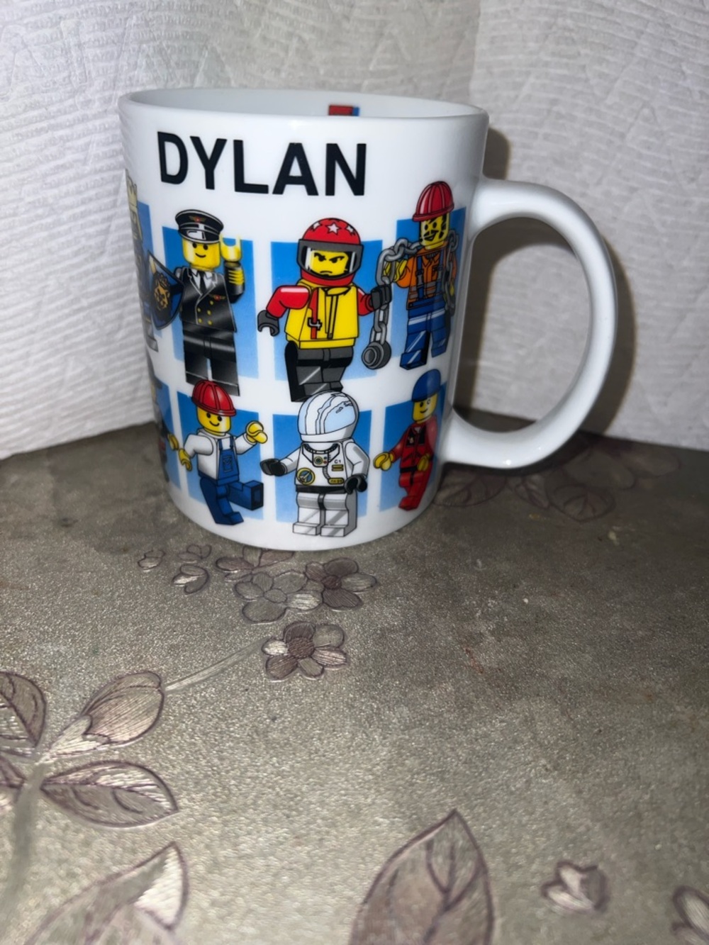 Personalized LEGO Minifigure Mug - Dylan - White with Multicolor Minifigs